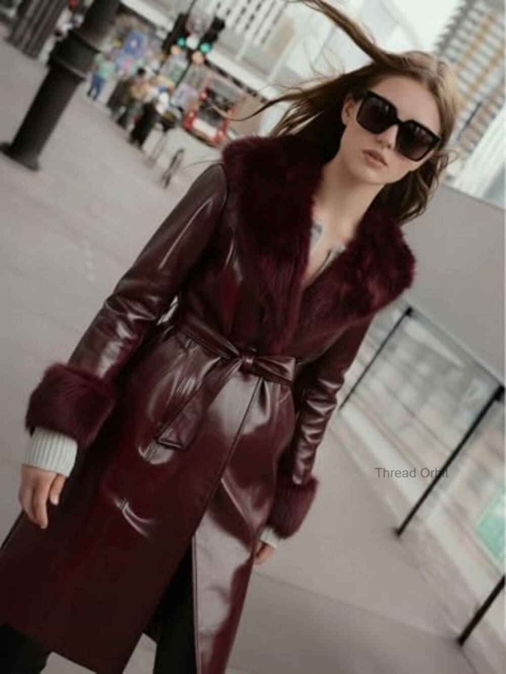 Faux Leather Coat with Faux Fur Collar, Long Sleeve Winter Coat with Belt - Picture 4 of 7